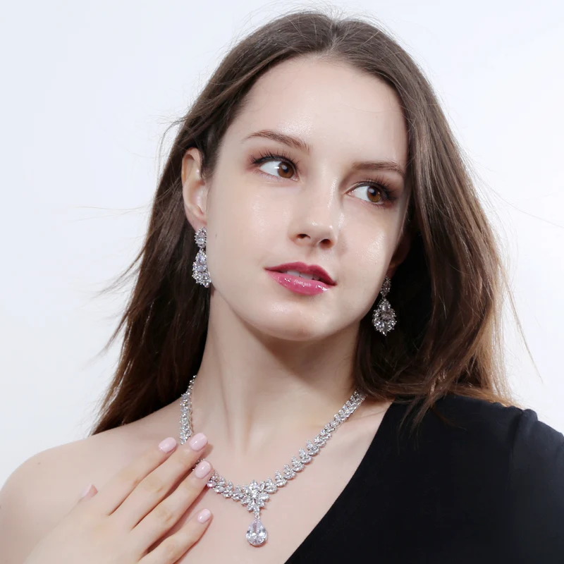 BeaQueen High Quality Cubic Zirconia Stone Wedding Jewellery Water Drop Bridal Earrings Necklace Sets for Women JS125|Ювелирные наборы
