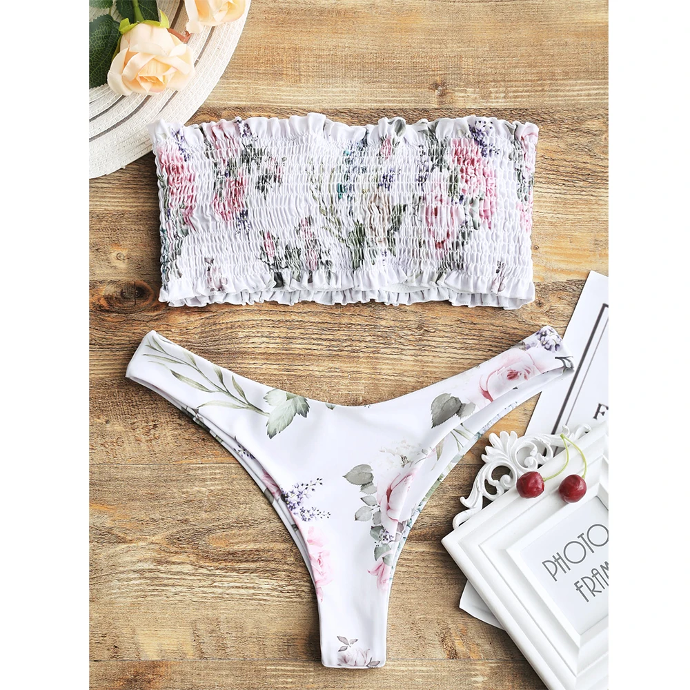 2018 без бретелек Бикини с буфами комплект Shirred Мягкий купальник Bandeau бразильский
