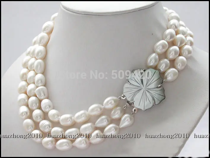 ~~ Бесплатная доставка 3 ряда 8-9 мм белый рис пресноводный культивированный жемчуг