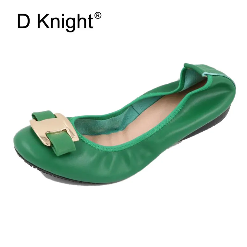 2023 New Women Flat Loafers Shoes Slip-on Bow Metal Decoration Casual Ballet Flat Genuine Leather Women Ballerina Shoes Big Size