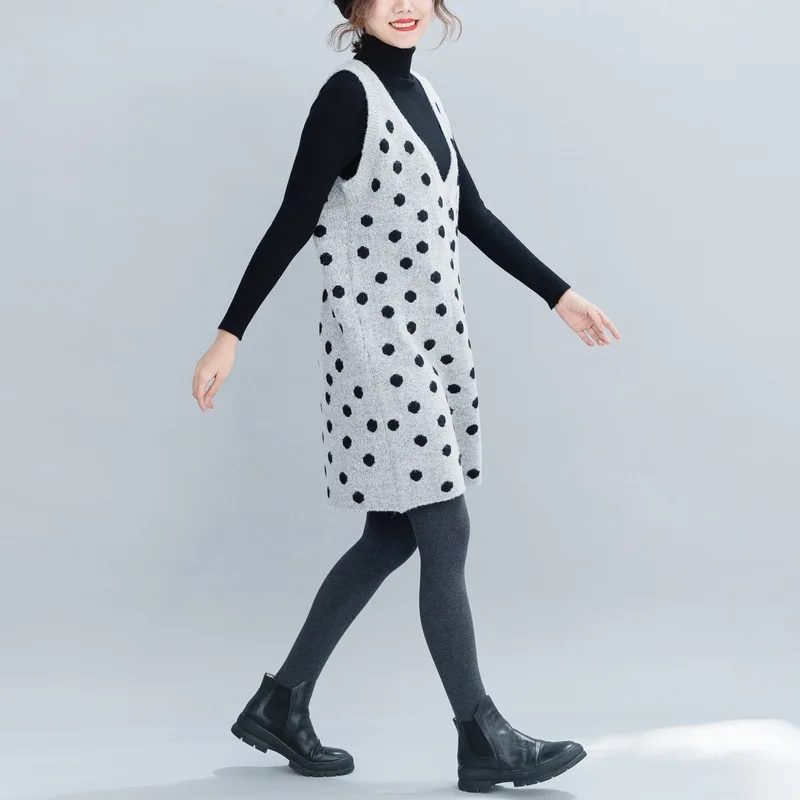 2018 autumn and winter large size women's loose sweater Two-piece suit fashion dot V-neck casual long sweaters | Женская одежда
