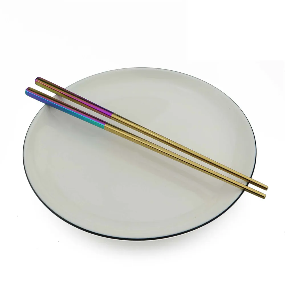 rainbow gold 1 Pair Stainless Steel Chopsticks Long Plating Gold Square Chopsticks Sushi Reusable Black White Korean Splicing Chopsticks Set - Цвет: rainbow gold