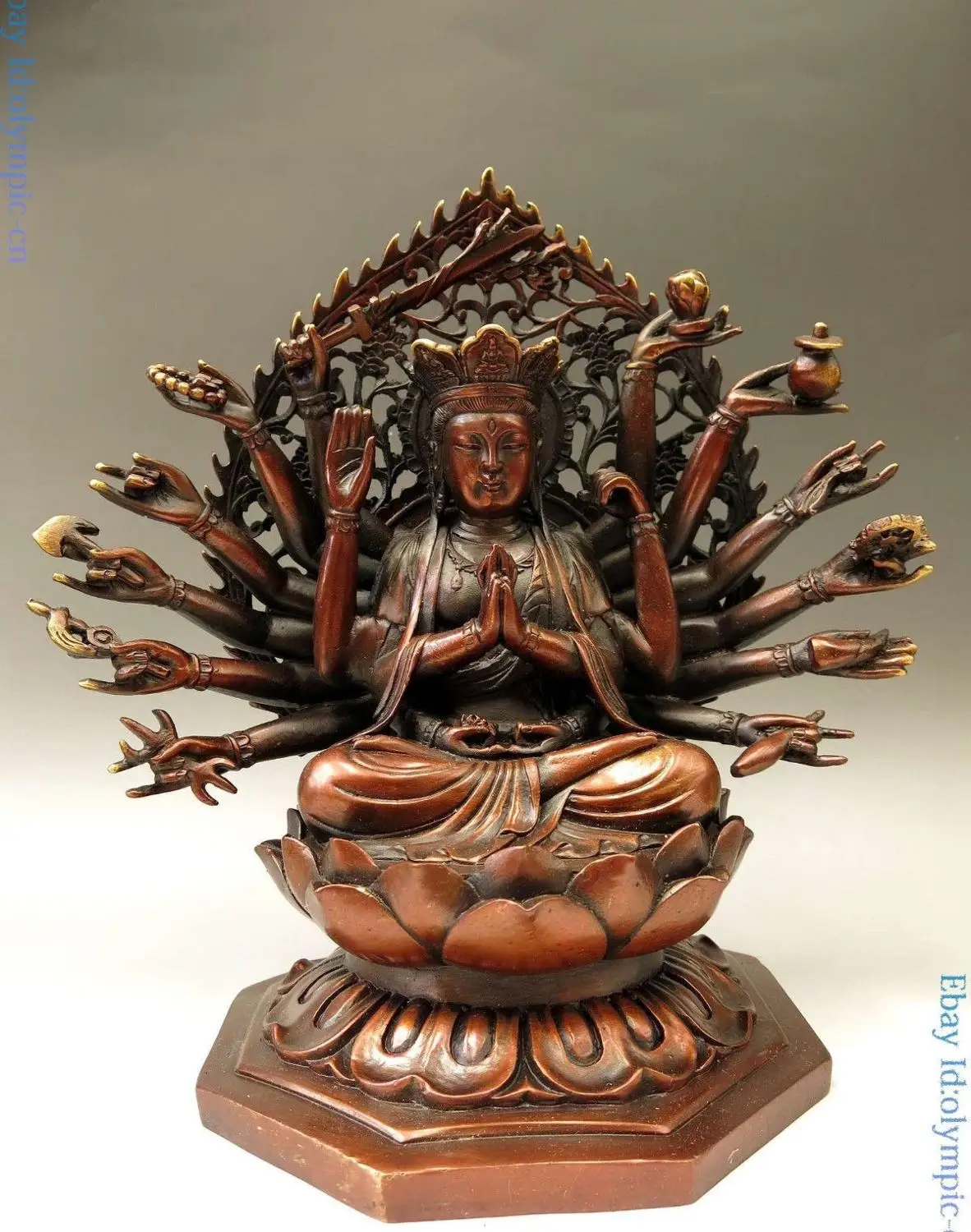 

China bronze sculpture carved copper buddhism 18 hands Kwan-yin buddha Statue