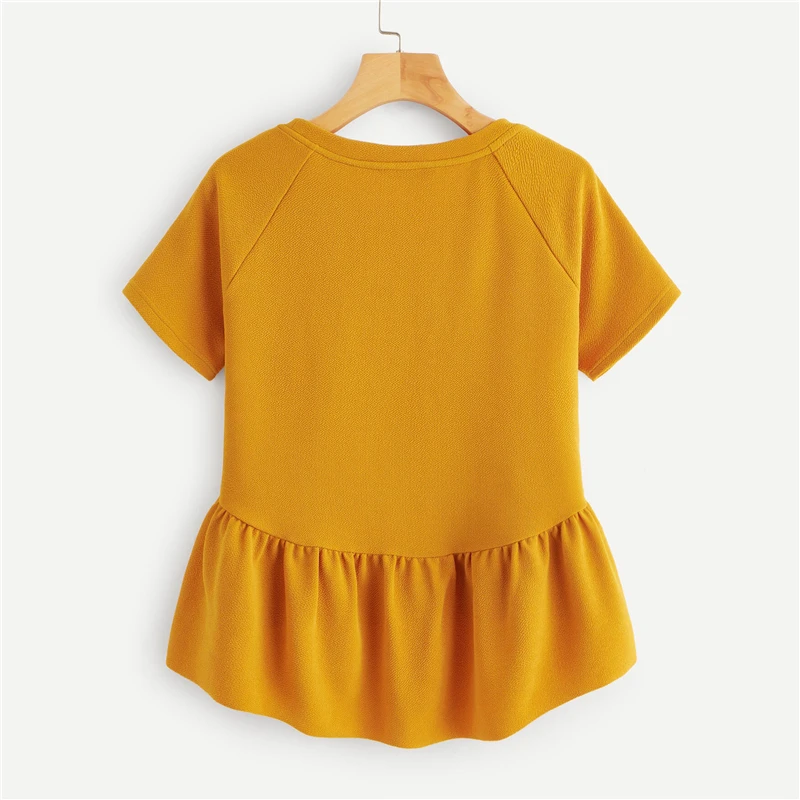 Dotfashion, Имбирная летняя блузка, женская, Dip Hem, реглан, рукав, баска, топ, короткий рукав, блузки для женщин,, одноцветные, милые, женские топы