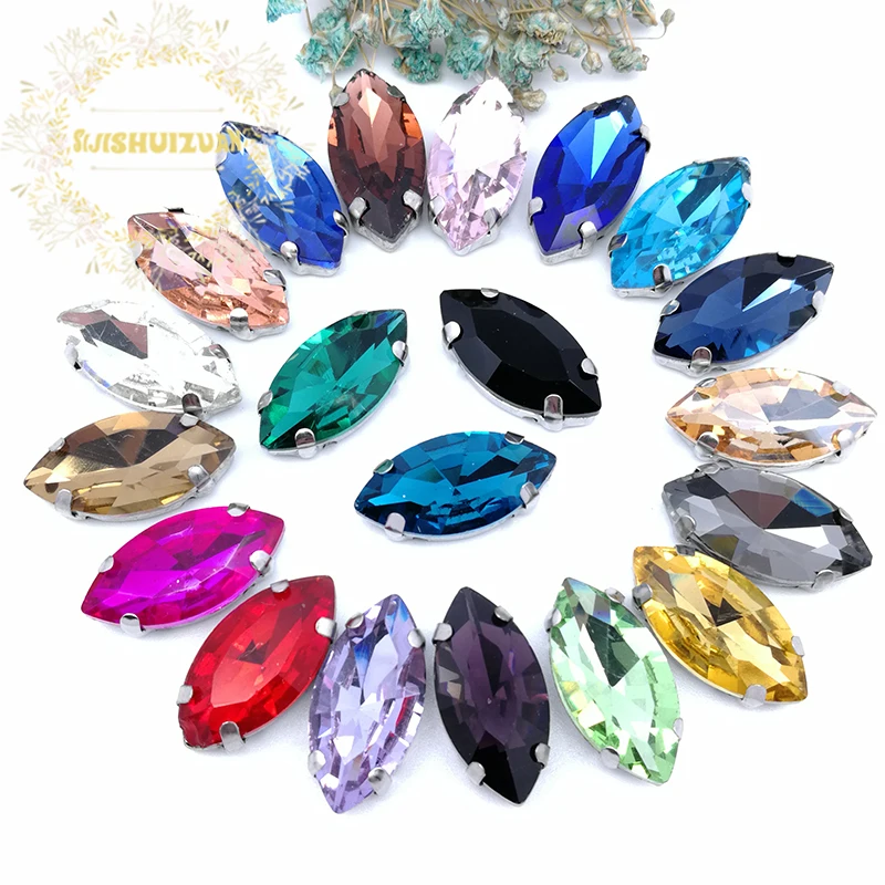 

20pcs/piece Mix color horse eye shape Glass Crystal sew on rhinestones with FOUR claw Diy shose accessories Free shipping!