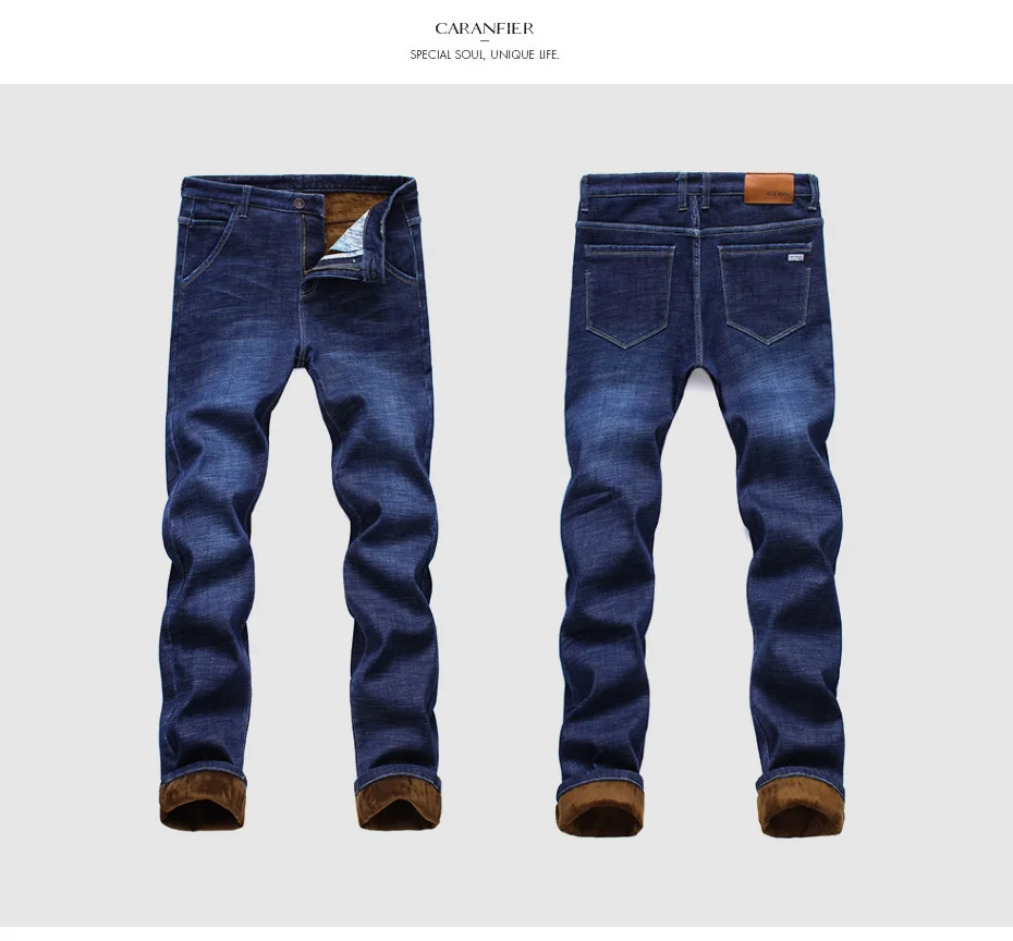 CARANFIER 2pcs New Men's Winter Brand Jeans Warm Slim Fit Denim Pants Male Balck Blue Thicken Trousers Jeans Big Size 44 46