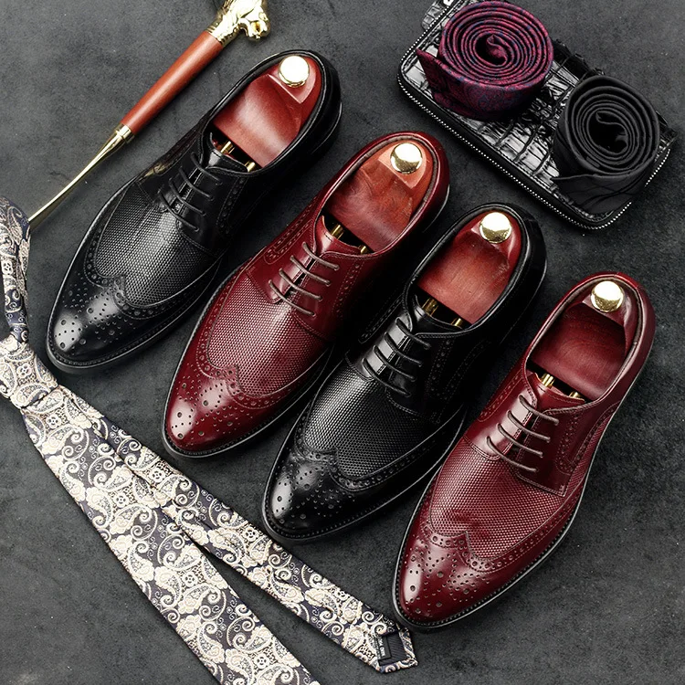 Mens brogue carving genuine leather dress shoes round toe lace up high quality work men wedding black wine red brown | Обувь