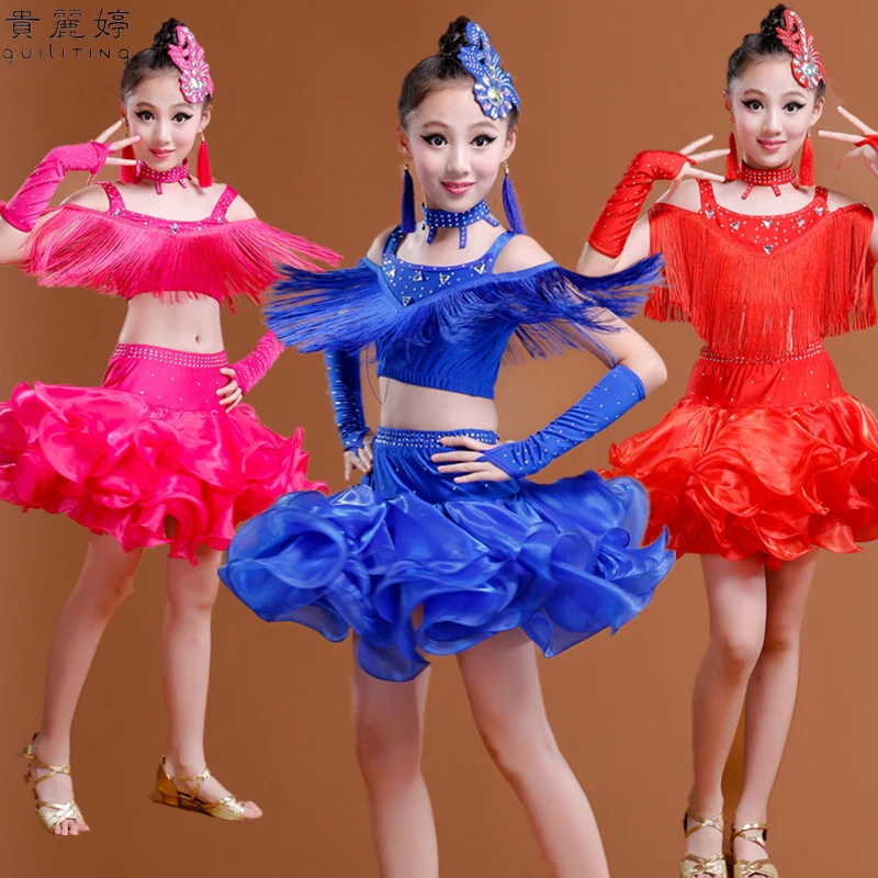 

8pcs New Tassel Latin Dance Dress Girls Ballroom Dance Competition Suit Children Sexy Latin Costume Female Sequins Tassel B-5678