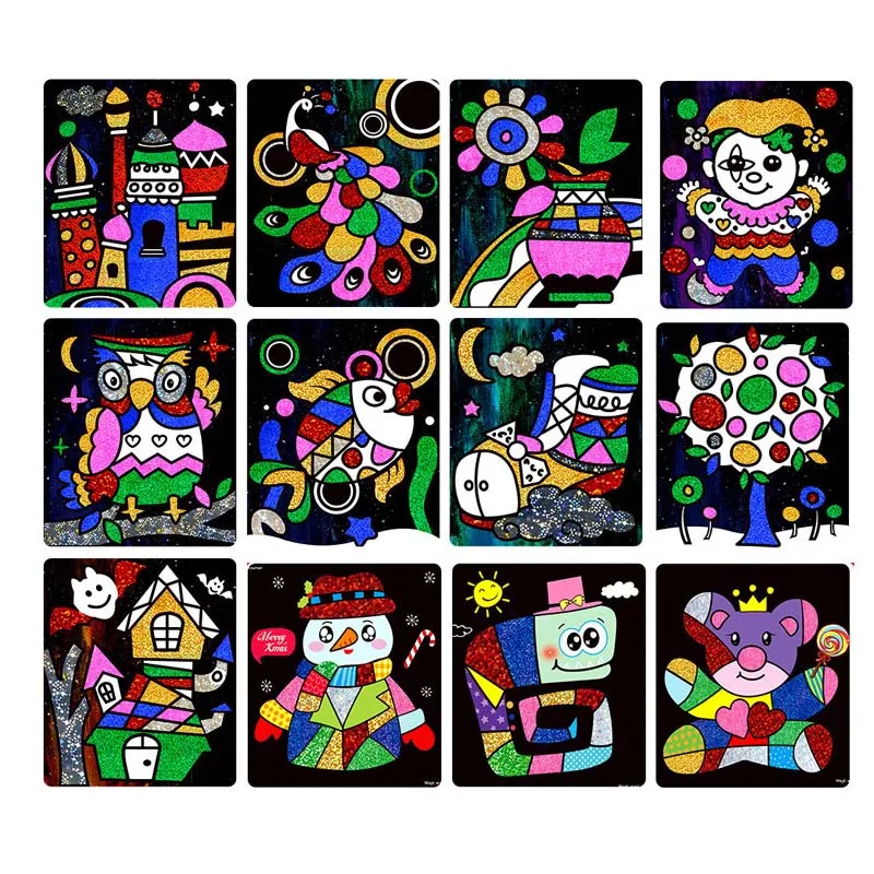 Cartoon-12pcs 20 шт. волшебные игрушки для рисования блестящая бумага художественная Живопись карты креативные детские раскраски DIY ремесло Обучающие Развивающие игрушки для детей - Цвет: Cartoon-12pcs