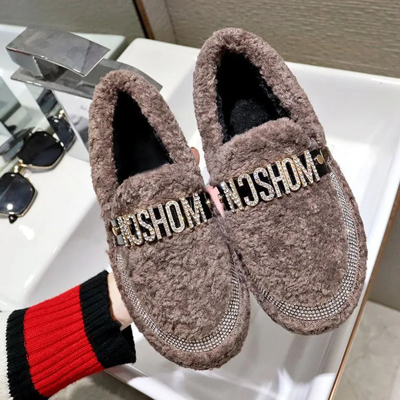 Женские Модные Меховые Туфли 2019 белые зимние туфли бархатная Толстая Теплая