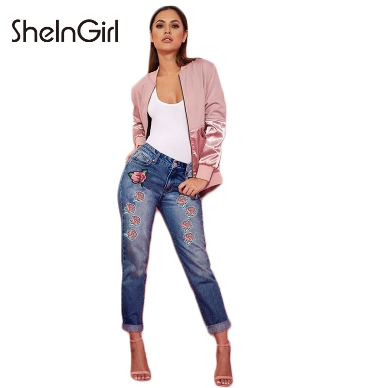 Sheingirl бренд 2018 цветочный Вышивка синие джинсы Для женщин кнопка карманы на молнии