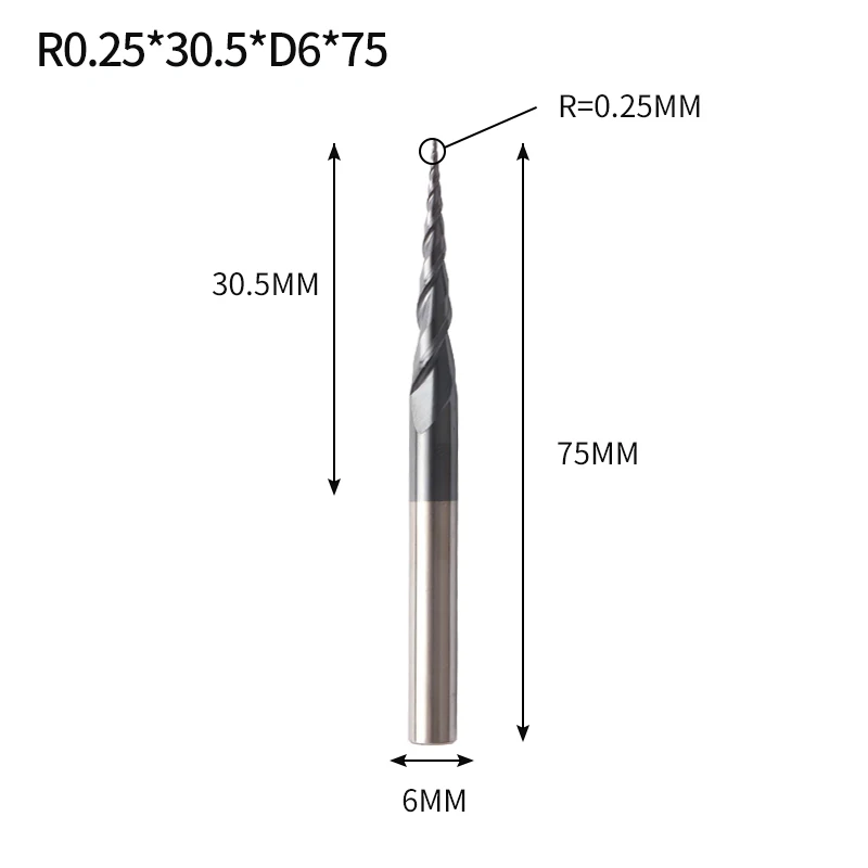 R0.25X30.5XD6X75L Augusttools коническая Концевая фреза HRC 55 Вольфрамовая твердосплавная фреза 3,175 мм 4 мм 6 мм с шариковым носом коническая концевая фреза для дерева и металла - Длина режущей кромки: R0.25X30.5XD6X75L