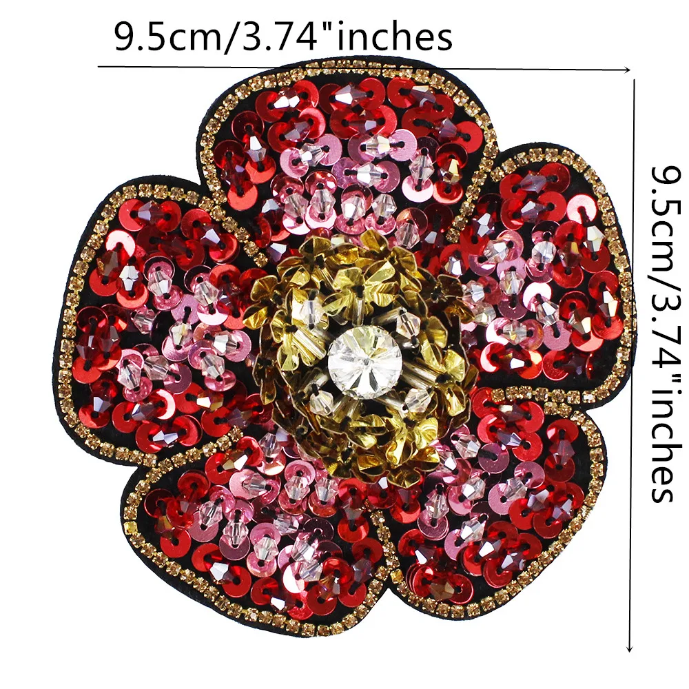 

10pieces DIY Beaded Red Sequin Motifs Floral Petal Patches Rhinestones Crystal Applique for Hat Clothes Sewing Supplies TH925