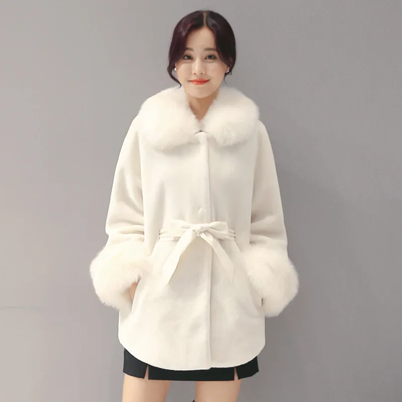 

OLGITUM HIGH QUALITY Fur Faux Coat Mink Hair Rex Hair Cape Full Jacket White Overcoat Imitation Rabbit Faux Fox Collar FF032