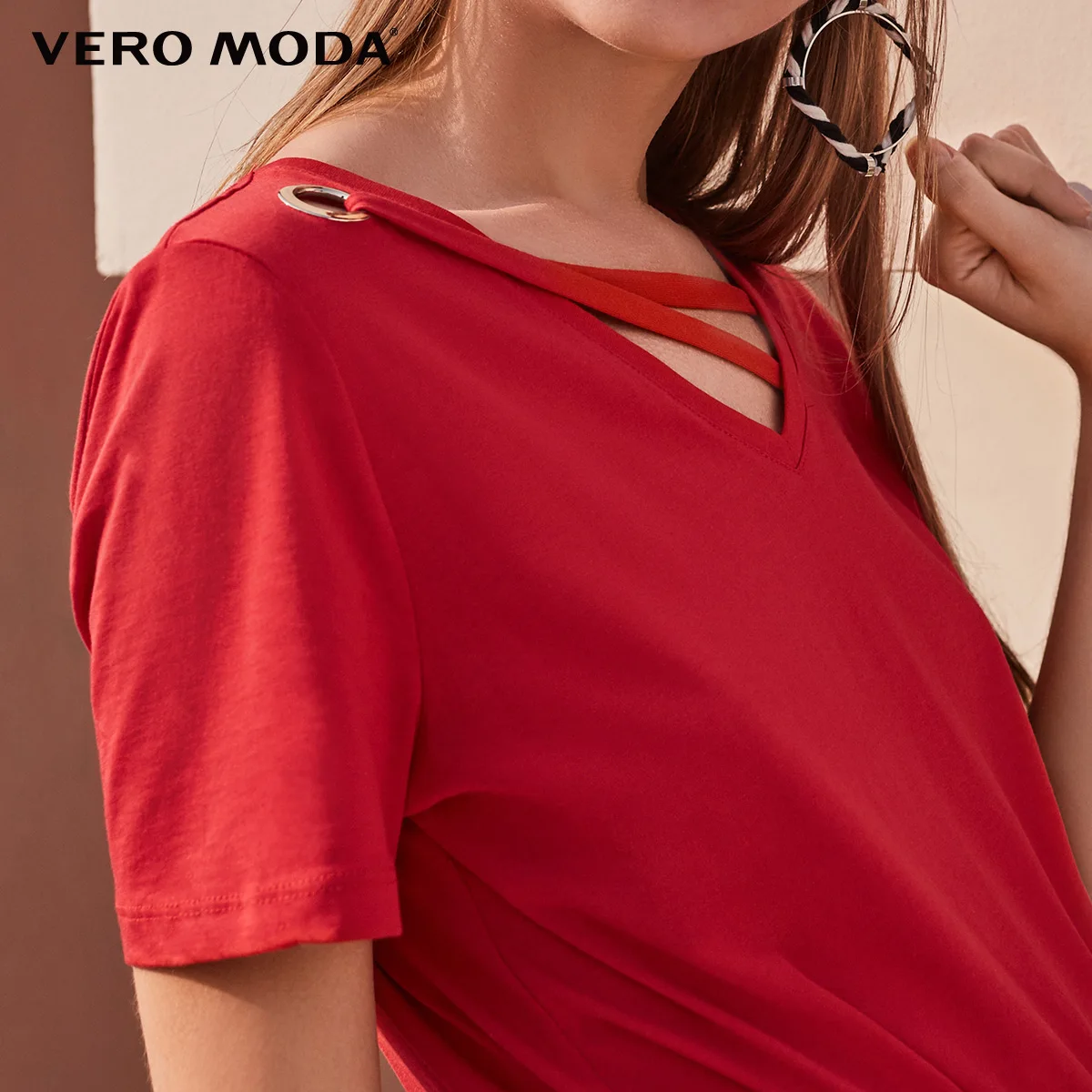 Vero Moda футболка женская 100% хлопок чистый цвет воротник Декоративная полоса