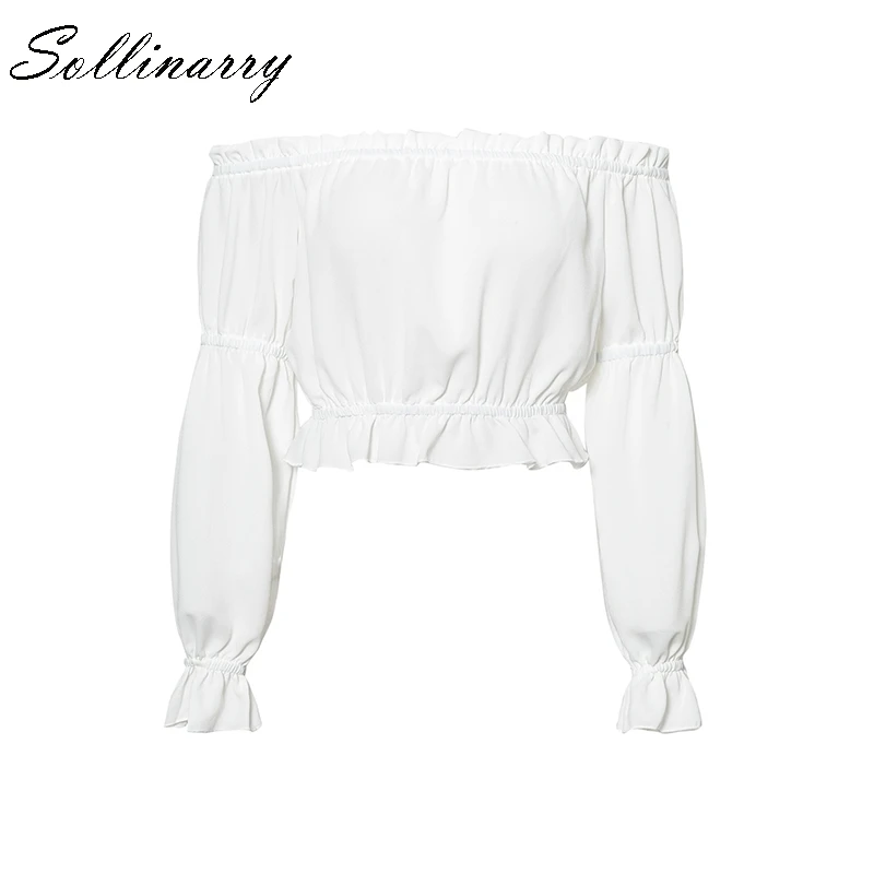 Sollinarry 2019 шифоновая белая блузка женская рубашка с открытыми плечами укороченные