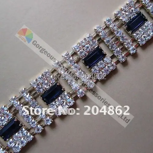 Цепочка 1 ярд темно синяя Монтана с чешским хрусталем золотая серебряная основа