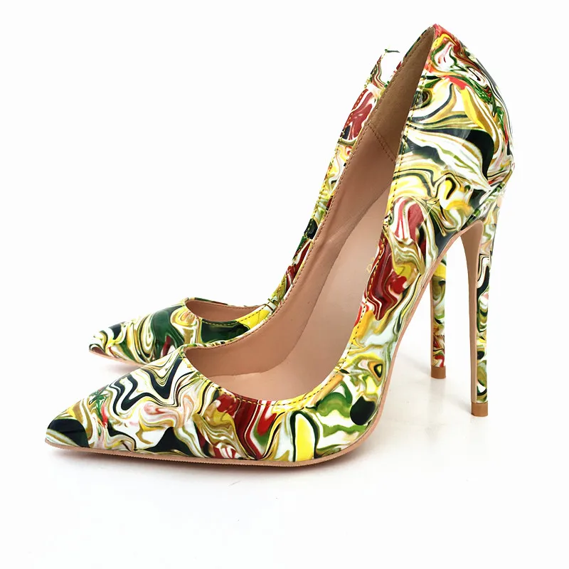 

Новые женские туфли Keshangjia из искусственной кожи с принтом на высоком каблуке 12 см, привлекательные туфли с острым носком, нескользящая Клуб...