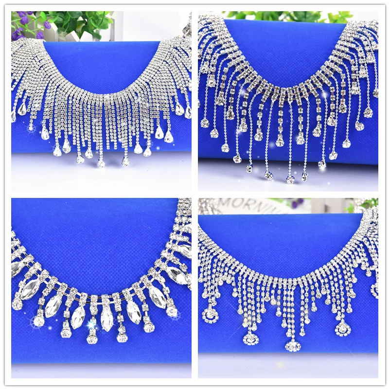 

Bling Rhinestone Chain Beautiful Dance Silver Crystal Long Tassels Diamond Applique Sew On Garment Necklace Trim Diy Decorations