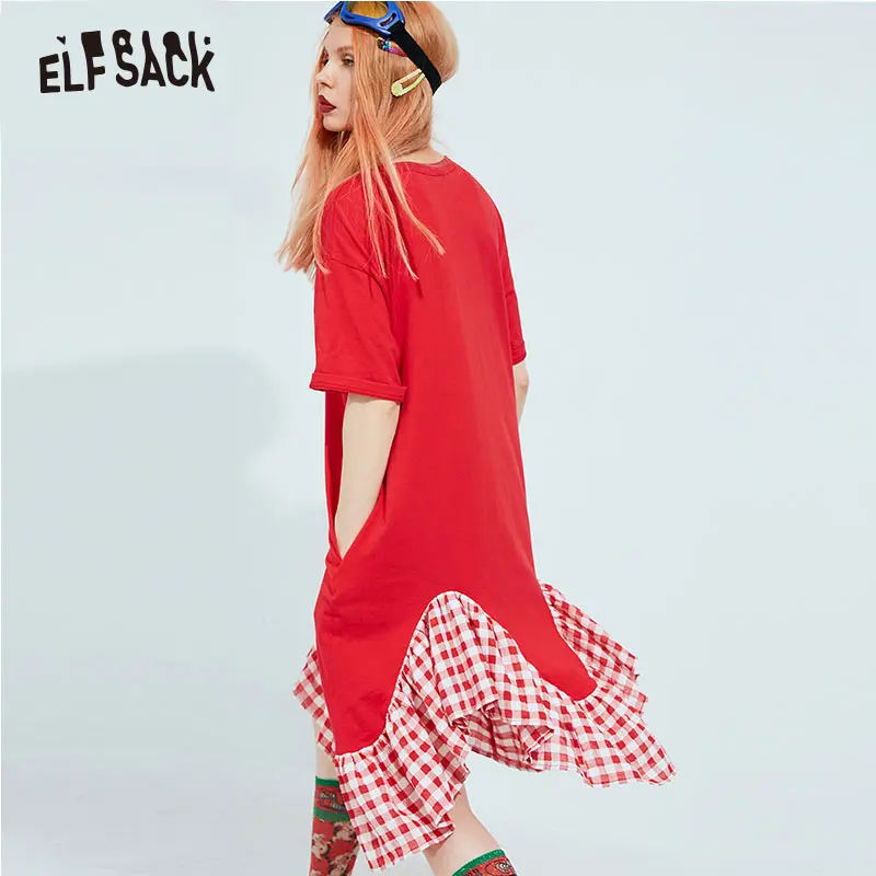 Женское хлопковое платье в горошек ELF SACK, красное свободное повседневное платье с вышивкой, с буквами, винтажное платье в клетку с оборками в стиле пэчворк, женское трапециевидное платье, для ношения летом