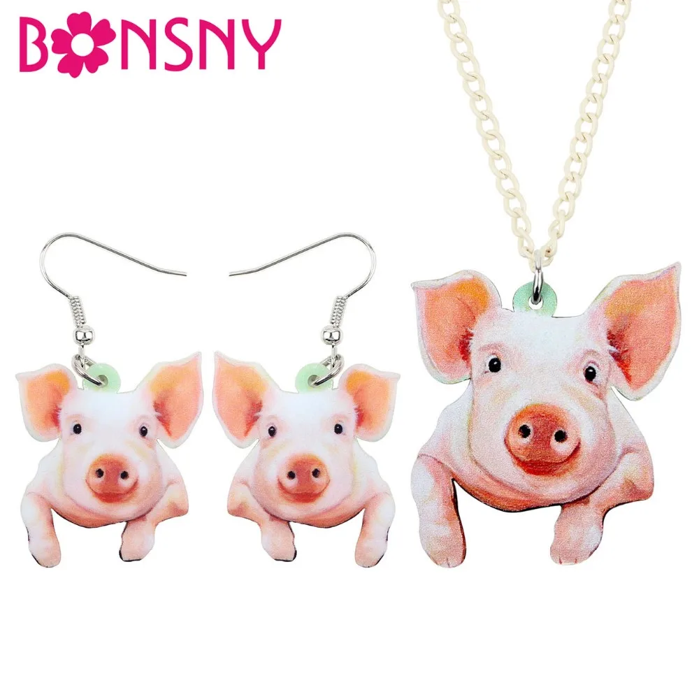 Bonsny акриловые серьги свинка Happy Pig ожерелье с цепным воротником Мультяшные фермы