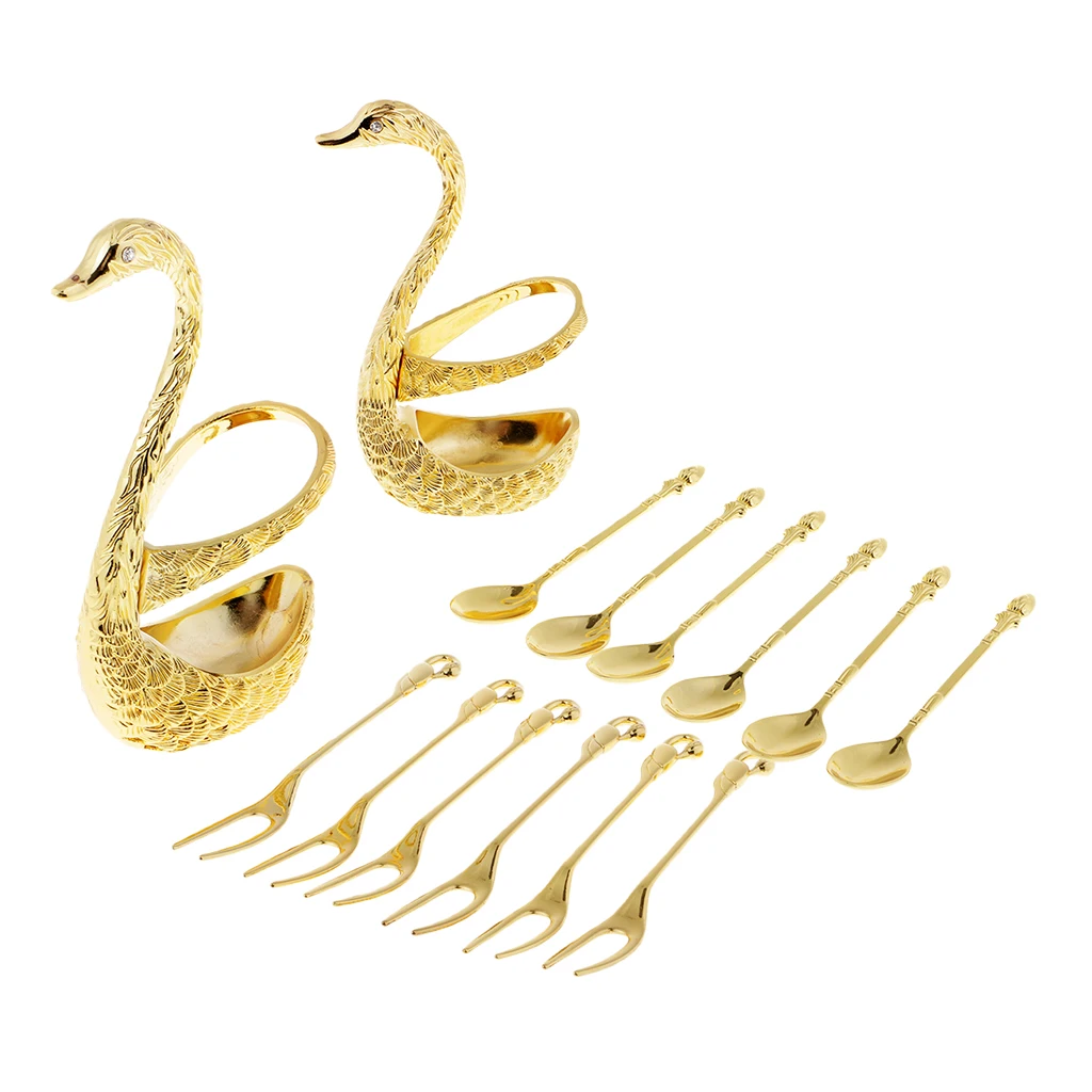 

6pack Spoons&Forks Stainless Steel with 2pcs Swan Base Dinnerware Set