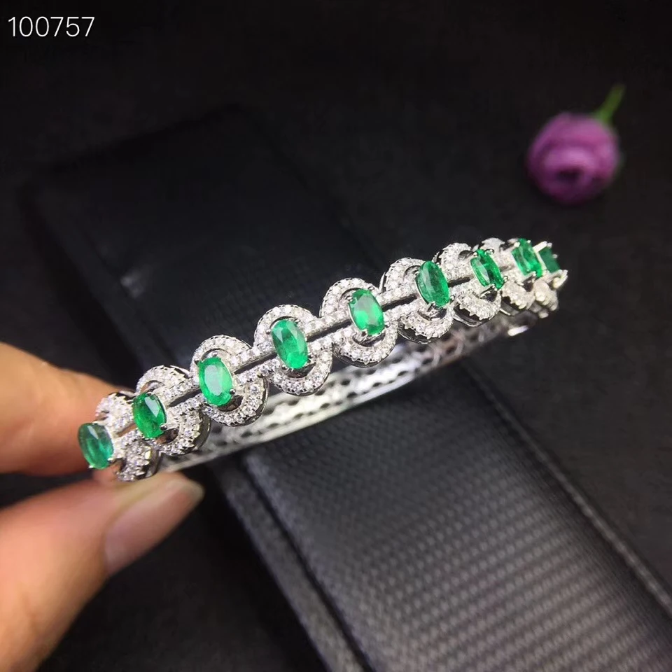 

Natural green emerald gem Bangles Natural gemstone Bangles S925 silver bracelet luxurious geometry row women party gift jewelry