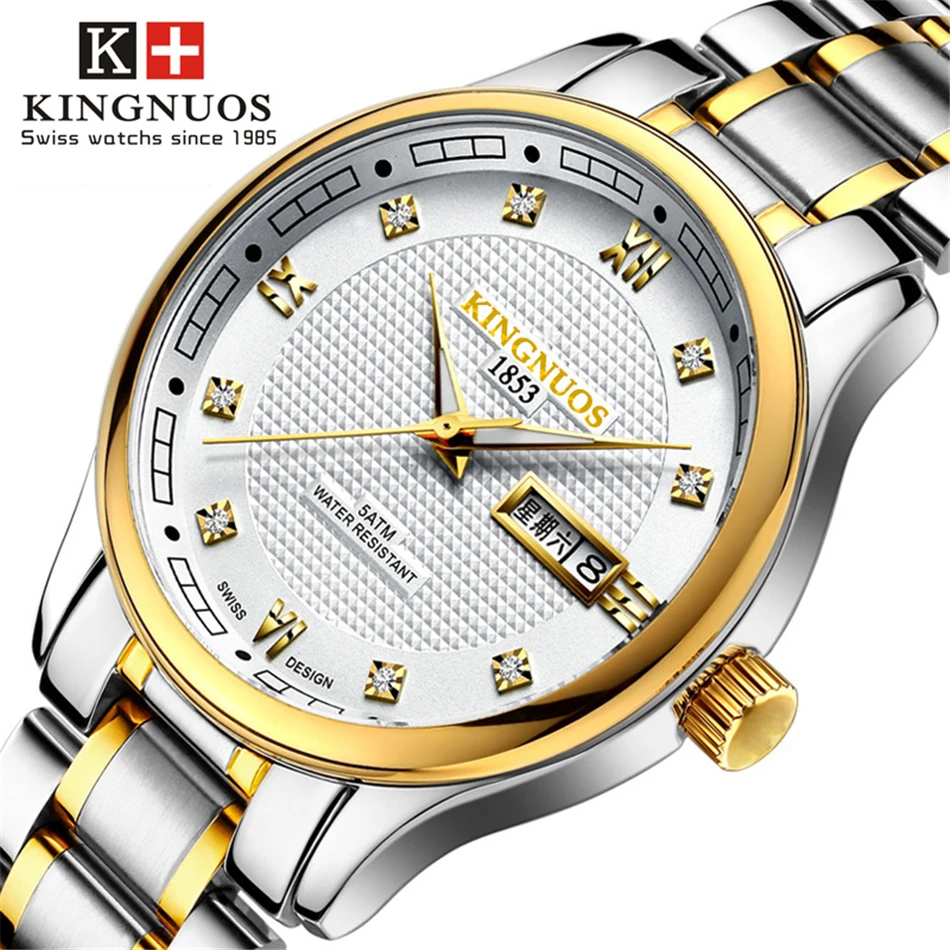 KINGNUOS часы из нержавеющей стали бизнес мужские наручные ЕЖЕНЕДЕЛЬНЫЙ КАЛЕНДАРЬ