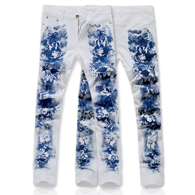 

2017 new arrival style men's fashion jeans white Youth personality stretch trousers High quality ink printed pants Size 28-34