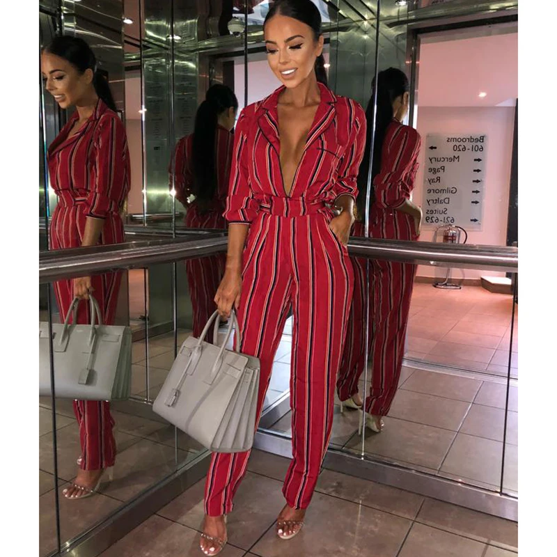 Sexy Stripe Jumpsuit Romper Women deep v neck long playsuit Boho beach jumpsuit female overalls | Женская одежда