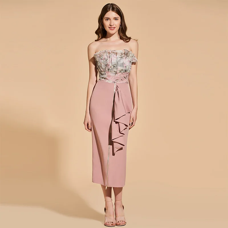 

Tanpell strapless cocktail dress sleeveless empire tea length sheath gown lady party formal plus custom printed cocktail dresses