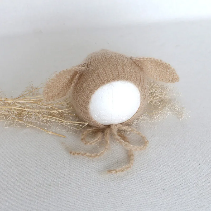 

Baby Knit Hat Beige Newborn Prop bonnet Knitted Bunnies Crochet Mohair Cap Newborn Photography Hat Baby Photo Props Shower Gift