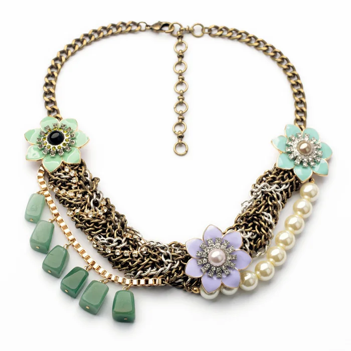 Bulk Price 2014 New Design Exaggerated Women Resin Glass Stone Flower Shiny Gold Color Simulated Pearl Choker Necklace | Украшения и