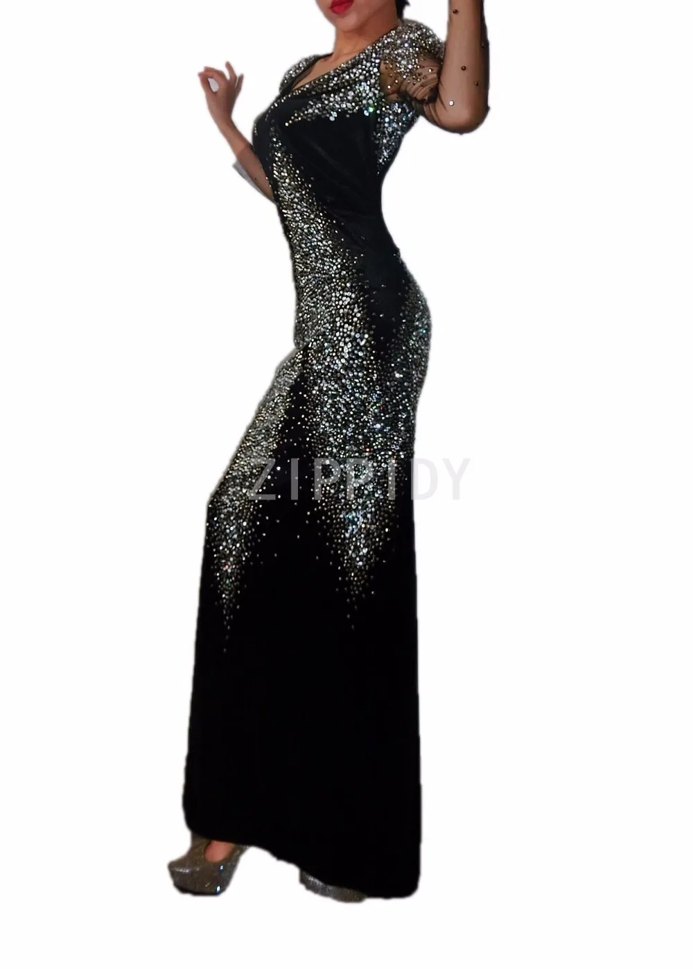 Sparkly Rhinestones Long Dress Black Backless Clothes Women's Birthday Celebrate Female Singer DS Nightclub Mesh Sleeves Outfit | Женская