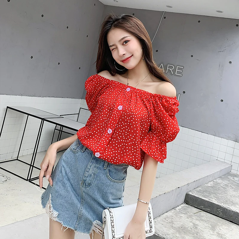 Женская шифоновая блузка с квадратным вырезом белая или красная Повседневная