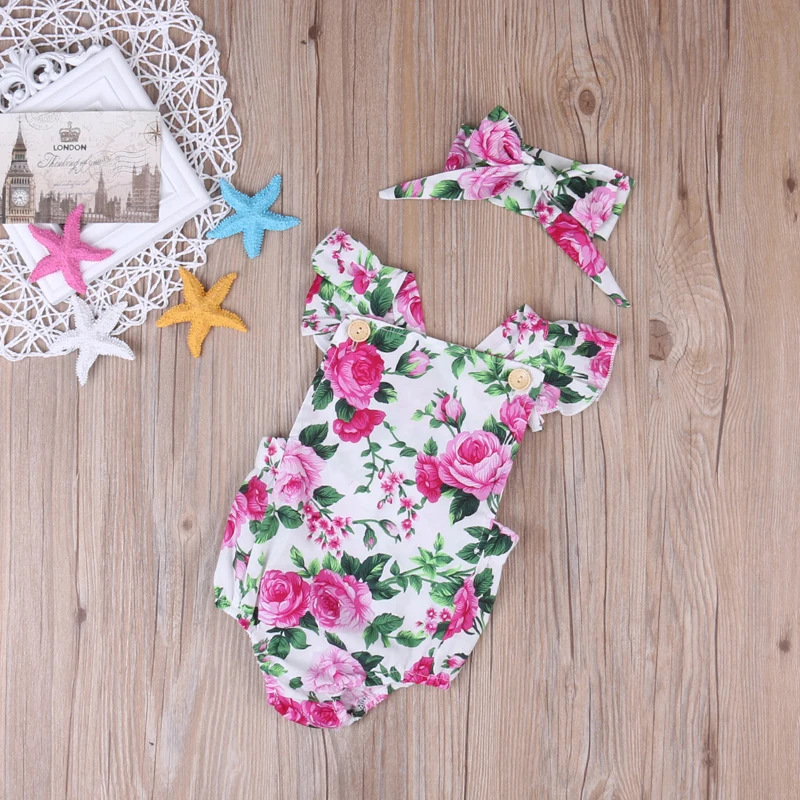 2018 Floral Print Cute Fashion Short Sleeve Square Collar Button Newborn Toddler Baby Girls Bodysuit Headband 2PCS Outfit Summer |