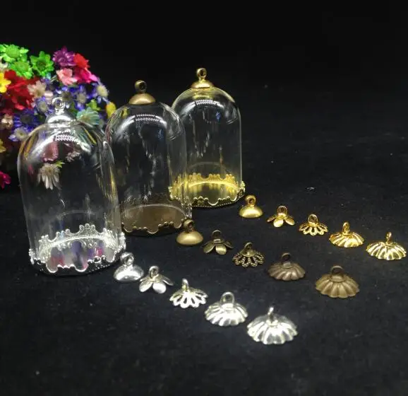 50pcs 38*25mm tube glass globe flower base 8mm beads cap set glass bottle vial pendant necklace glass cover dome jars finding