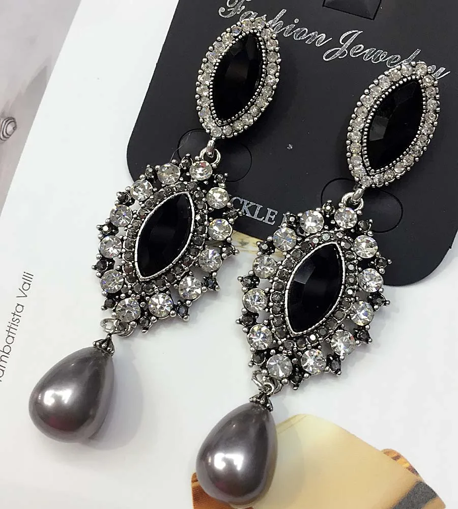 Женские длинные серьги Стразы из черного стекла с жемчугом модные ювелирные
