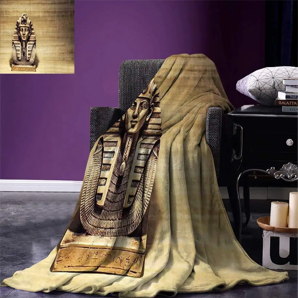 Manta de tiro egipcia, escultura de máscara de tutankamen, Faraón de piedra con diseño de fondo de papiro, manta de microfibra cálida
