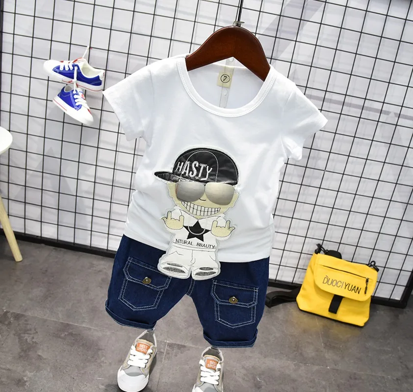 2019 Summer Children kid's boy fashion casual Hip hop man patch print short sleeve t-shirt +Denim shorts 2 pcs Clothes Set C2367 |