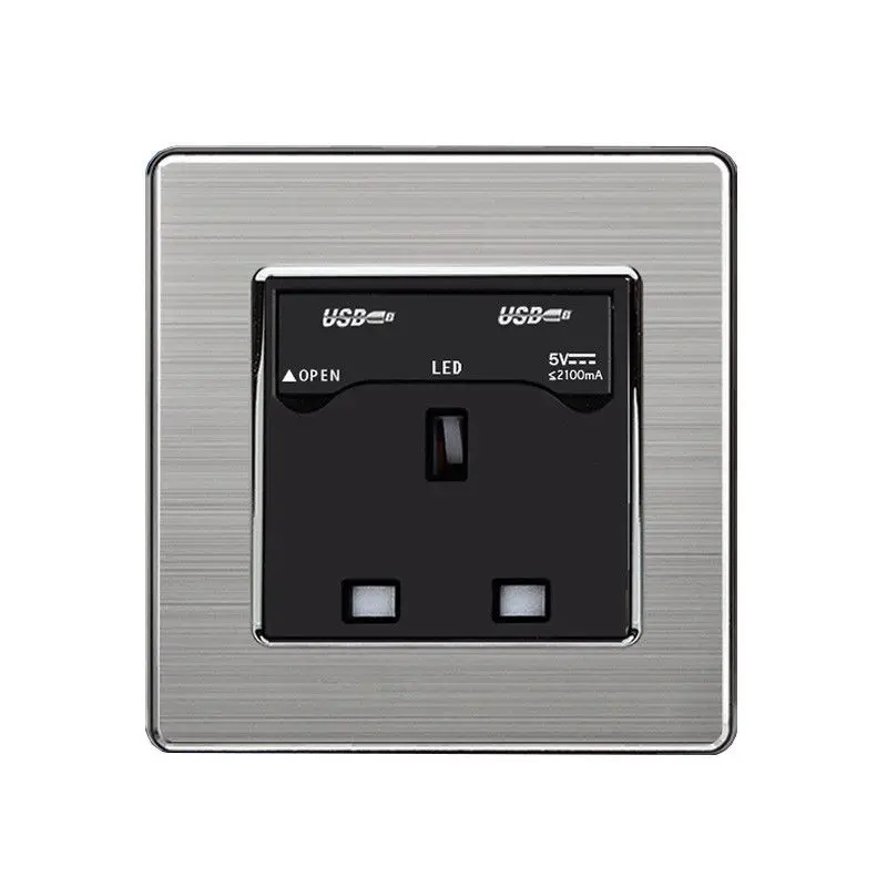 

1 Gang Stainless Steel Socket Switch with 2 USB Plug Plate Wall Panel Socket UK