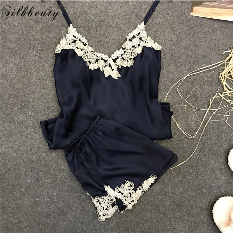 SILKBEUTY пижамы сексуальные шелковые женские пижамные комплекты без рукавов Топ на