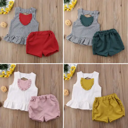 2PCS Toddler Baby Girls Plaid hollow out Tutu Shirt Tops+Shorts Pants Outfits Clothes Set | Детская одежда и обувь