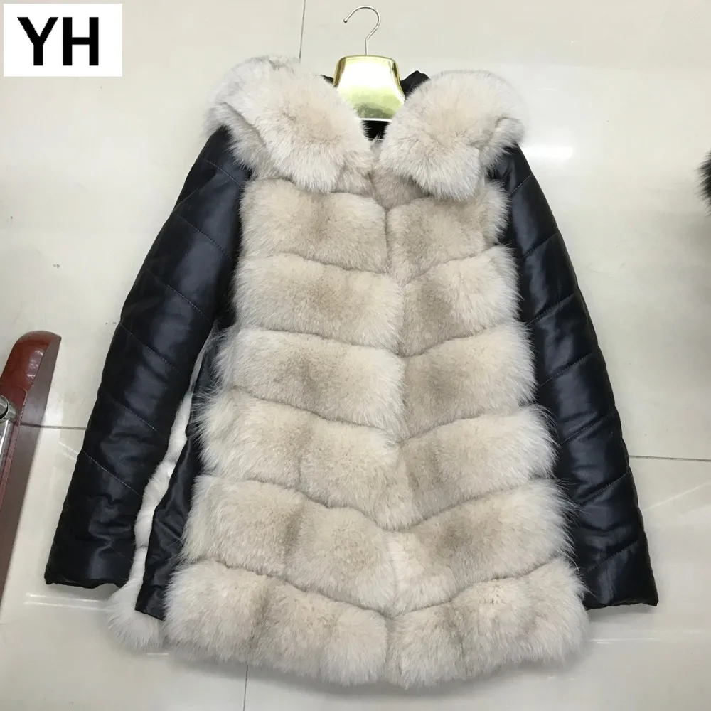 Женское пальто с капюшоном из натурального Лисьего меха длинная теплая зимняя