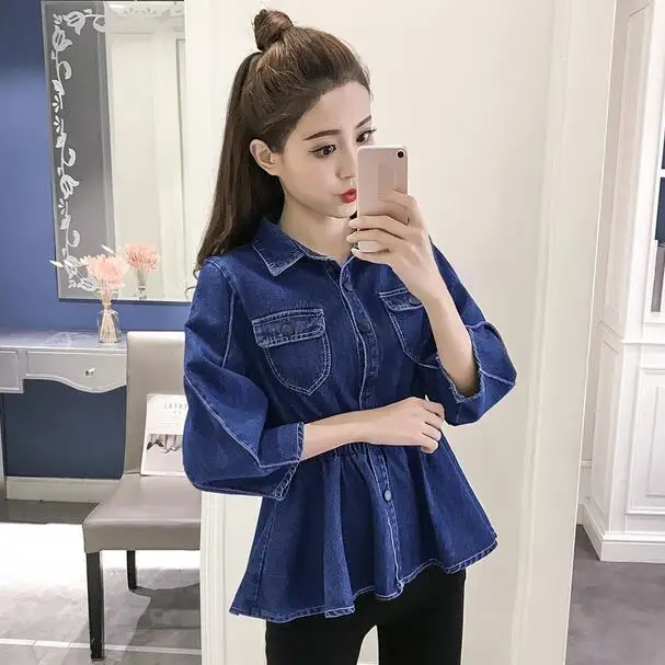 Джинсовая туника блузка с рукавами фонариками весна осень 2019 винтажные женские