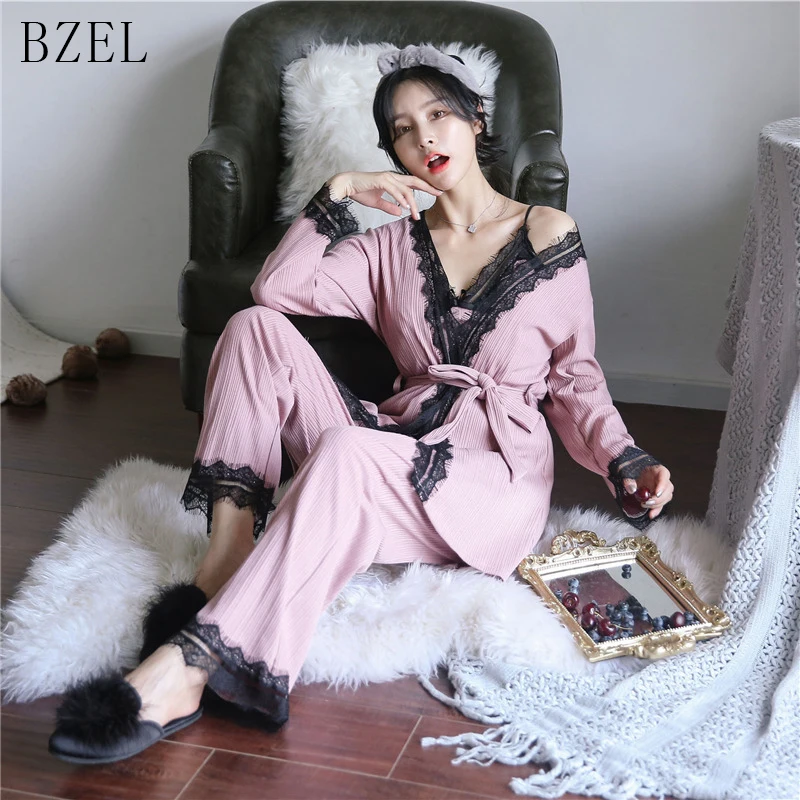 BZEL Autumn Winter Sexy Pajama Sets Long Sleeve Female Sleepwear Cotton Home Wears 3 Piece Suit Underwear V-neck Pyjamas | Женская