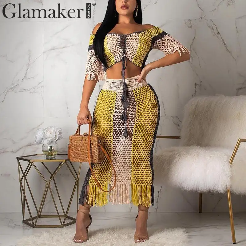 Glamaker, прозрачное летнее платье с бахромой, женское платье с открытыми плечами, два предмета, облегающее платье, женское элегантное платье