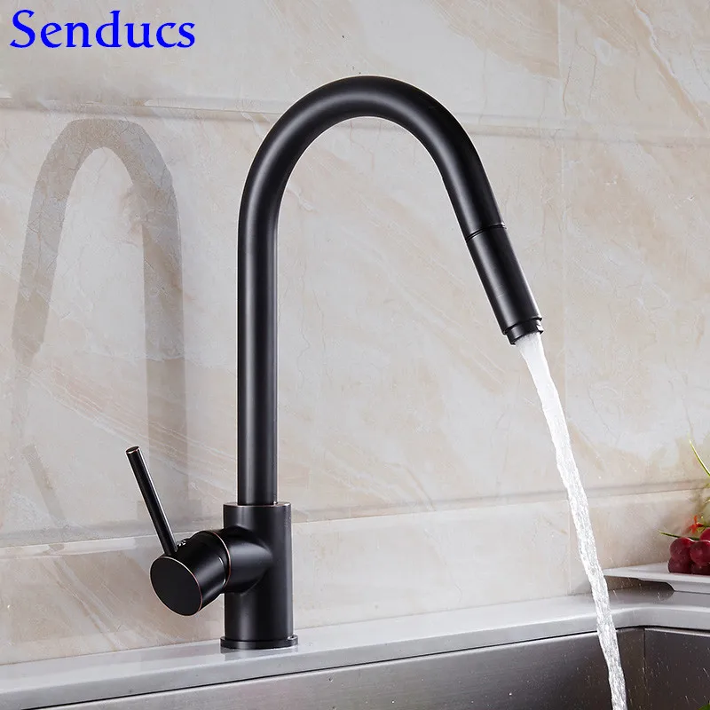 

Senducs Black Pull Out Kitchen Faucet Quality Brass Kitchen Sink Faucet Luxury Copper Black Pull Down Kitchen Mixer Tap