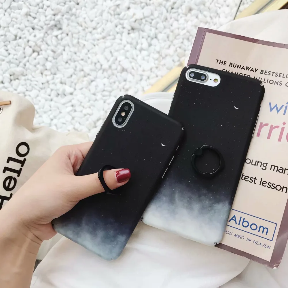 For IphoneXR//78P New Fashion Vintage Artistic illustration black Sky Moon Universe Ring Bracket Kickstand PC Holder Phone Case |
