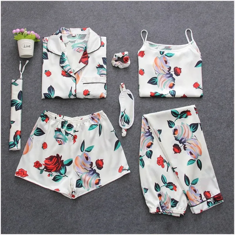 

Fdfklak Home Clothes 7 Pieces Silk Floral Pyjamas Pijamas Women Clothes Sleepwear Pajamas Set Womens Lounge Wear Lingerie Femme